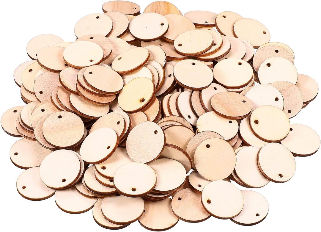 200 Pieces Unfinished Blank Wood Circle Pendants Round Disc Circle Wood Pieces Round Wooden Disk with Hole Small Wooden Pendant for Craft Decoration Embellishment (Diameter 1 Inch, Aperture 0.08 Inch)