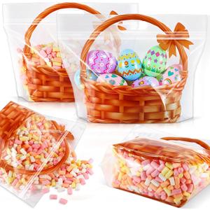 Fuutreo 25 Pcs Easter Plastic Bags with Handles and Zipper Closure, Clear Woven Basket Print, 8.7 x 11.6 x 3.7 in Large Easter Party Favor Bags for Classroom, Spring Events, Small Business Gift Treats