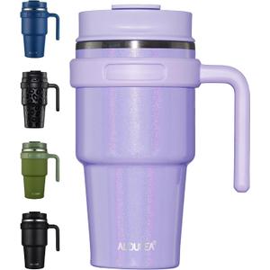 20 oz Insulated Coffee Mug Tumbler with Handle, Stainless Steel Travel Mug Tumbler with Lid and Straw, Double Wall Vacuum Leak Proof Ice Coffee Thermal Cup, Lavender Glitter