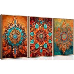 3Pcs Boho Mandala Floral Canvas Wall Art Modern Plants Colorful Flowers Painting Decor Pictures Vintage Floral Red Bloom Posters Prints for Office Living Room Bathroom Bedroom Decoration No Frames (16"L x 12"W)