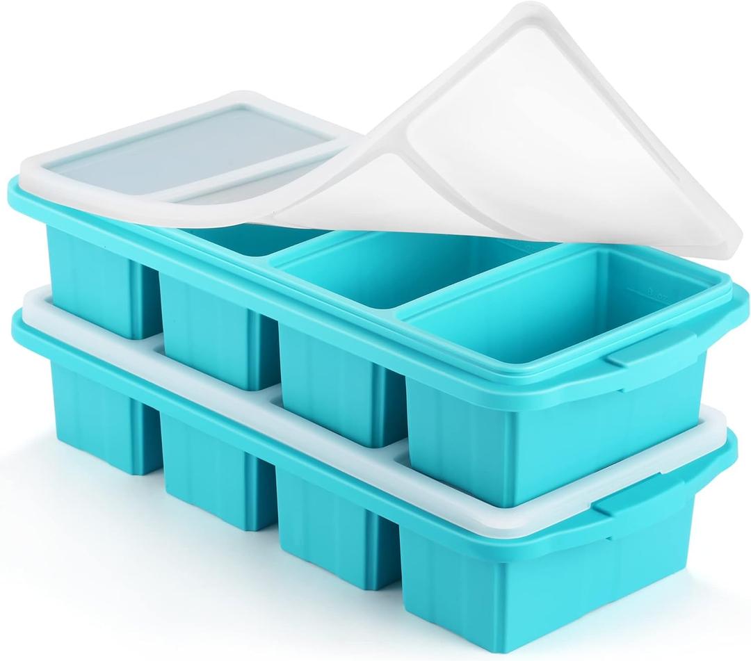 Silicone Freezer Tray With Lid - Silicone Freezer Food Molds- Large Ice Cube Tray,Silicone Freezer Container,Freeze & Store Soup, Sauce, Broth,Leftovers - Makes 4 Perfect 1 Cup (2Pack-Aqua)