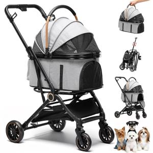 GTPLAYER Pet Stroller for Small Dogs and Cats, One-Click Foldable, Detachable Carrier, Breathable Mesh, 45 lbs Capacity, 2 Safety Leashes, Storage Basket & Cup Holder, Gray