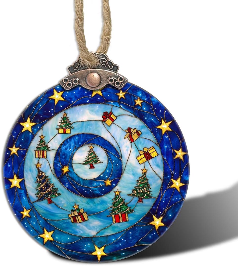 2 x DASTOLL Stained Glass Christmas Decorations, Blue and Gold Star Gift Box Suncatcher for Window Christmas Tree Hanging Ornaments Sun Catcher Xmas Decor Gifts for Women Men Mom Nana Friend (3.1x3.5IN)