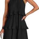 ZESICA Women's 2024 Summer Halter Dresses Sleeveless Ruffle Tiered Layered Chiffon Pleated A Line Swing Mini Dress, Dark Black, Medium