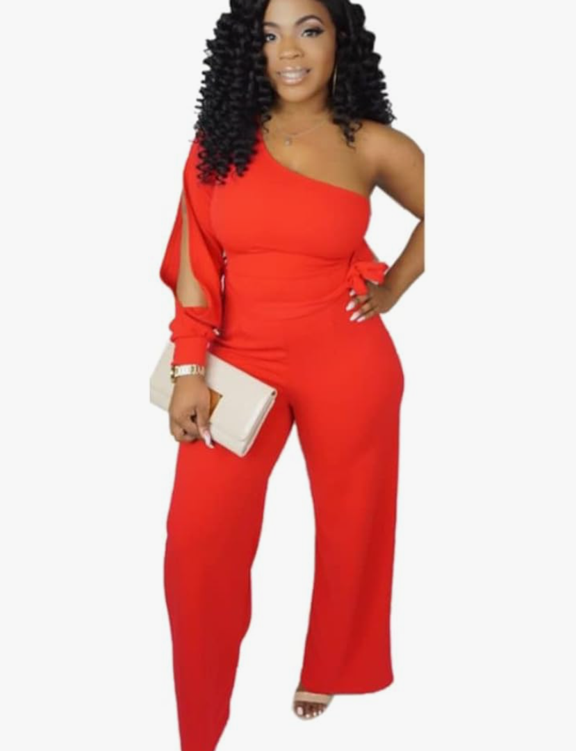 Women's Sexy One Shoulder Slit Sleeve High Waist One Piece Pant Outfit Wide Leg Jumpsuit Romper. Size L
