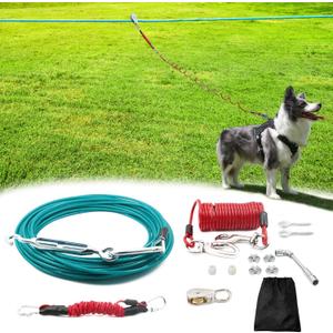 50FT Dog Run for Yard Heavy Duty with 10FT Tie Out Cable, Outdoor Leash Trolley System for Large Dog to 300Lbs