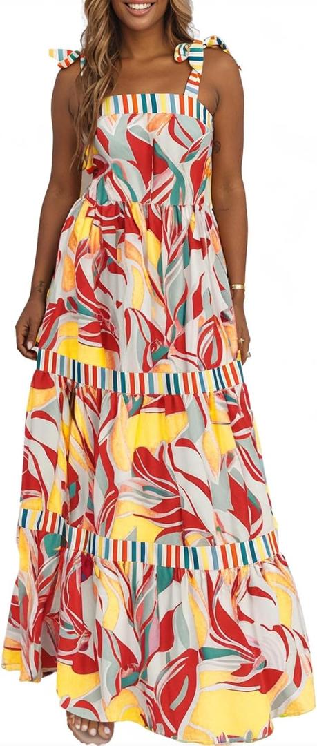 AlvaQ Women's 2025 Summer Sleeveless Floral Print Maxi Dress Strap Square Neck Beach Sun Dress (L)