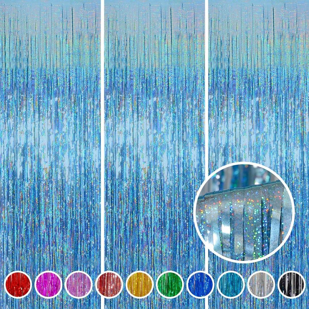 Foil Fringe Curtain Easter Decorations for Home - Melsan 3 Pack 3.2 x 8.2 ft Tinsel Curtain Party Photo Backdrop for Birthday Party Baby Shower or Graduation Decorations Light Blue