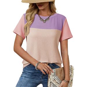 Dokotoo Womens Summer Tops 2026 Casual Color Block Womens T Shirts Loose Fit Crewneck Knitted Tops Trendy (XXL)