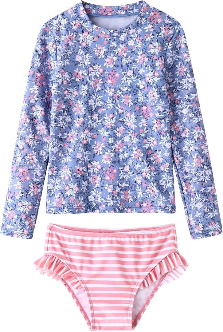 UMELOK Toddler and Little Girls Rash Guard Sets with Bikini Bottoms Swimwear (3-6 Months, Light Purple/Pink, Floral/Stripe)