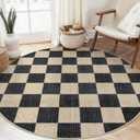 LIVEBOX Checkered Round Rug 6 Ft Washable Area Rug for Playroom, Kids Non-Slip Neutral Classic Circle Rug Geometric Large Carpet Soft Boys Rug for Classroom Dorm Bedroom(Black,180R)