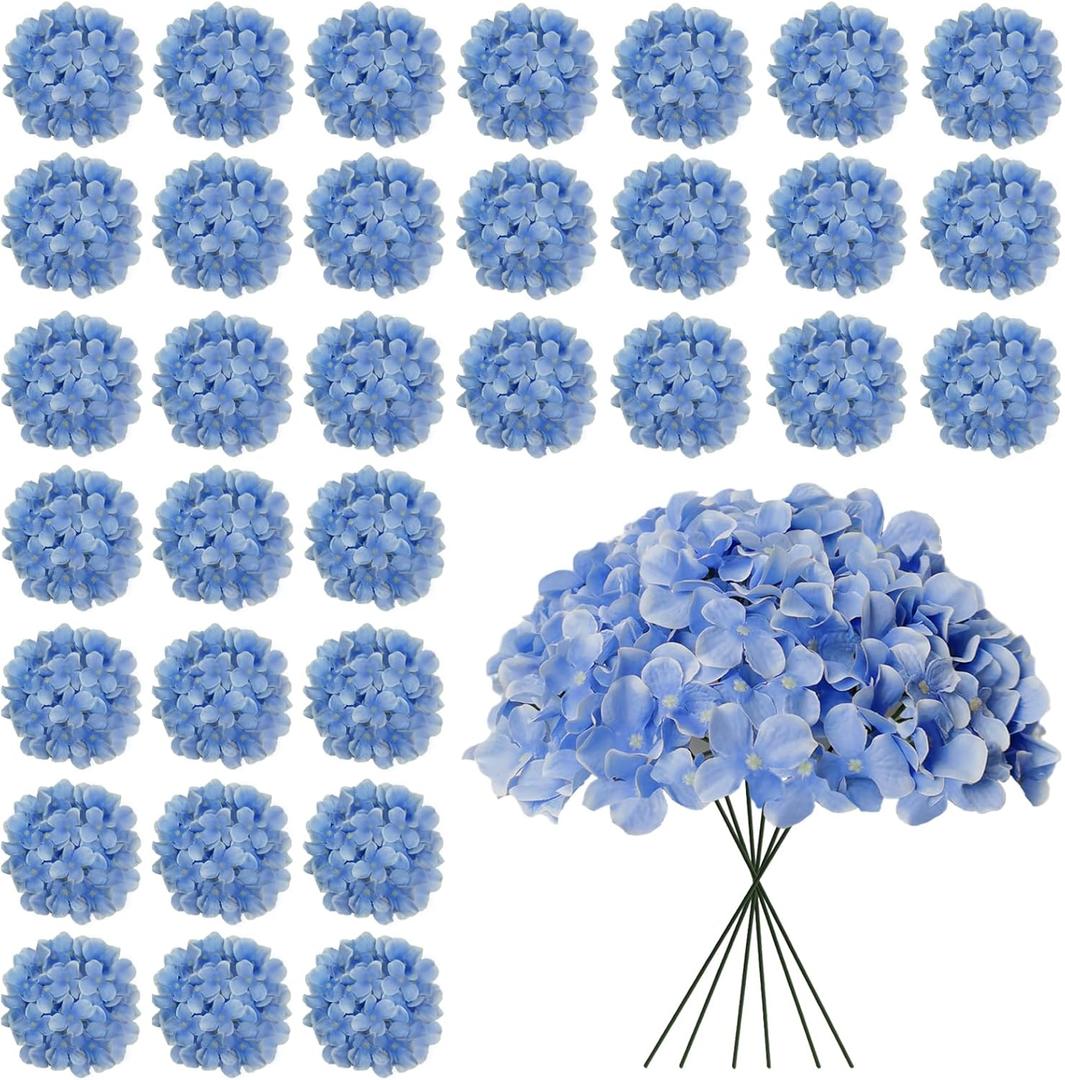 30 Pcs Blue Hydrangea Artificial Flowers Bulk, Faux Hydrangea Flowers Heads, Artificial Fake Silk Hydrangea Flowers with Stems, Blue Flowers Artificial for Decoration Wedding Dcor