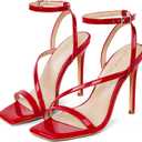 Elisabet Tang Womens Crystal Stilettos Heeled Sandals, 4 Inch Square Open Toe Strappy Sexy High Heels Ankle Strap Buckle Heels for Party Wedding Dress Daily Wear Shoes (9.5, Red)