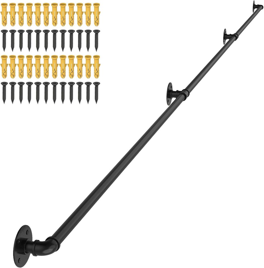 OUSHENG Stair Railing Indoor Hand Rails for Outdoor Steps, Industrial Pipe Handrail Metal Iron Handle Support for Wall Mount Staircase Porch, Vintage Farmhouse Style, 12ft (Black)