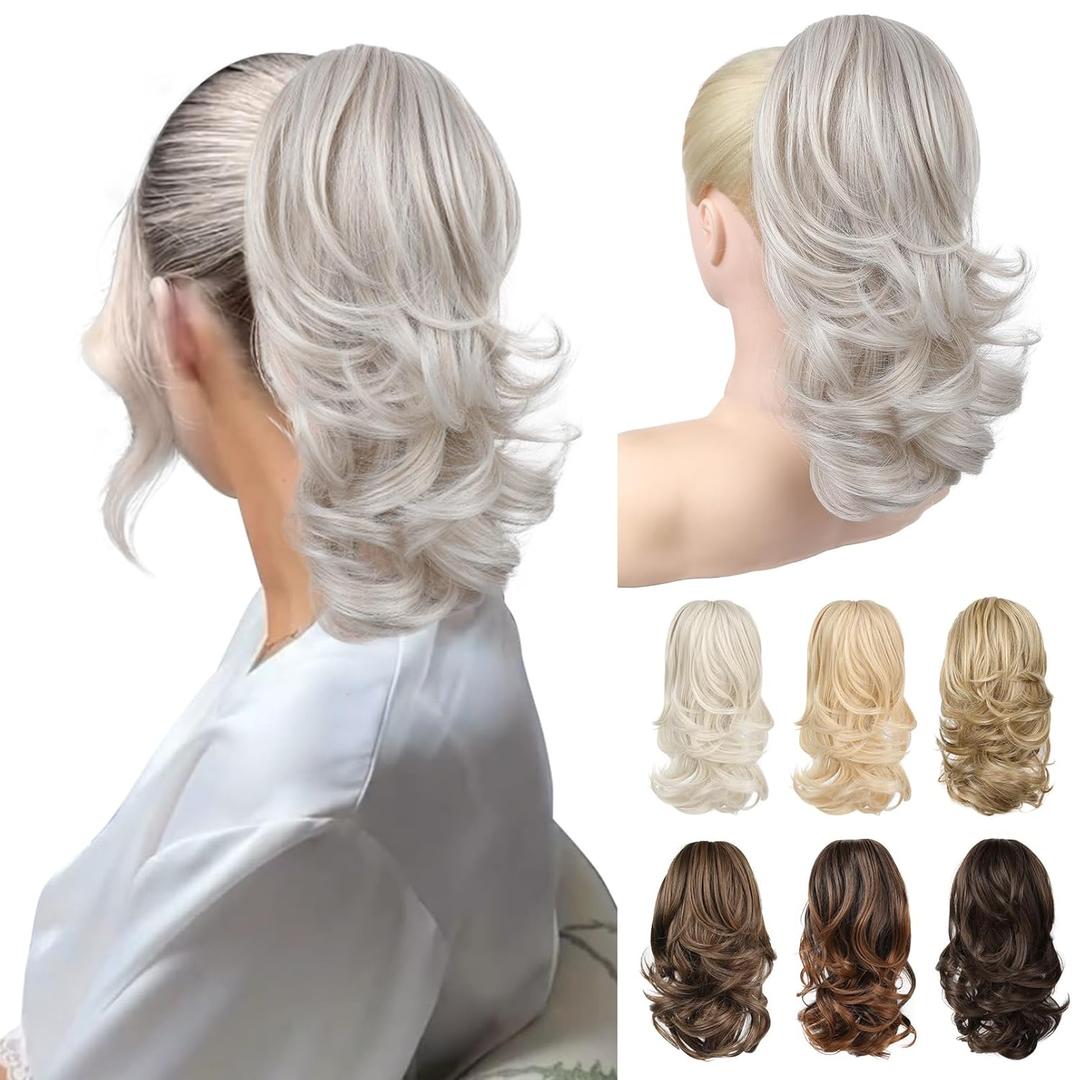 Ponytail Extension - 14" Claw Clip in Ponytail Hair Extensions Natural Soft Synthetic Layered Wavy Pony Tail Hair Pieces for Women - Silver Mist