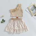 BOEBNOZCV Toddler Baby Girls Outfits Ruffle Off Shoulder Crop Tops + Floral Tulle Shorts Skirt Set Kids Summer Clothes (Beige Floral Skirts,8-9 Years)
