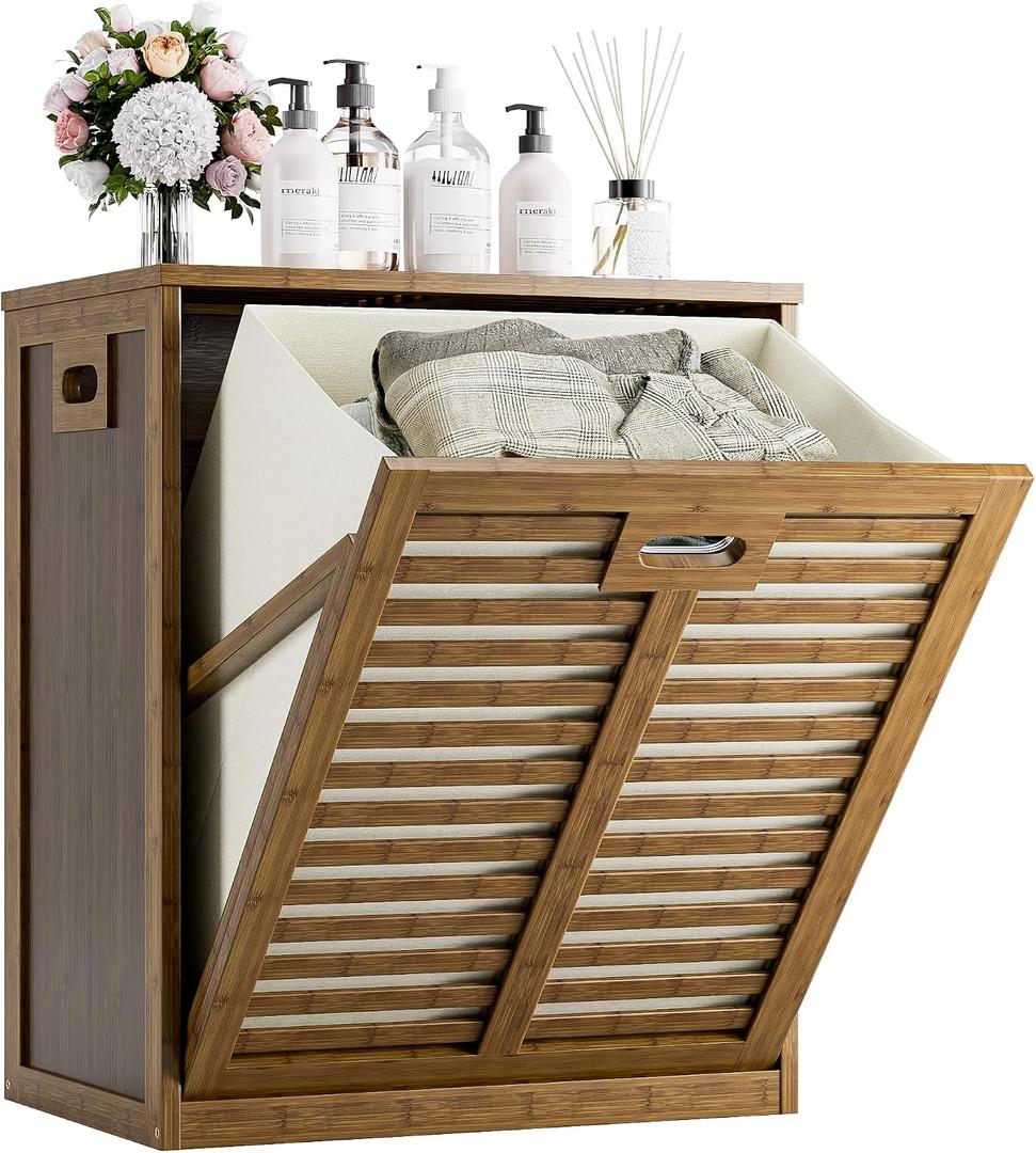 HITNET Bamboo Tilt Out Laundry Hamper, Bathroom Storage Cabinet with Hidden Removable Basket and 3 Sides Cutout Handles, Freestanding Hamper Organizer for Dirty Clothes, Walnut, 21.26" L 13.78" W 25.2" H
