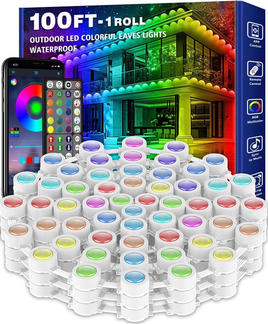 100FT Permanent Outdoor Lights, RGB LED Eaves Lights with APP/Remote Control, IP67 Waterproof LED String Lights for Christmas, Halloween, Garden Decor