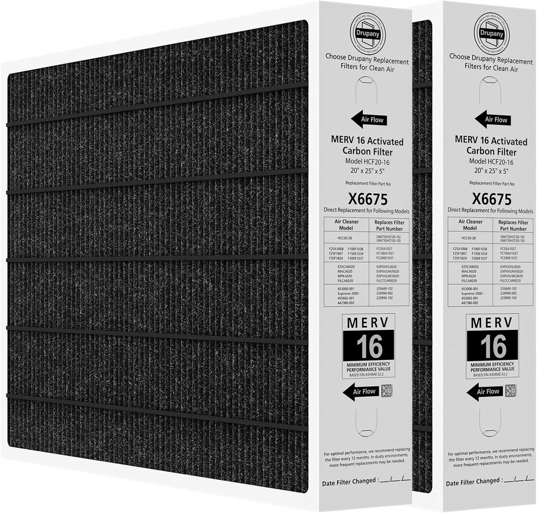 2 Pack 6675 20x25x5 MERV 16 Air Filter Compatible with Lennox X6675 and Lennox HCC20-28 Healthy Climate Carbon Clean MERV 16 Furnace Filter for HVAC System, Part Number HCF20-16, HCF20-10