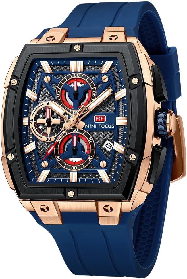 MF MINI FOCUS Men's Watches Analog Fashion Wrist Watch, Skeleton Tonneau Watches for Men with Chronograph,Ideal for Sports Enthusiasts and Daily Wear