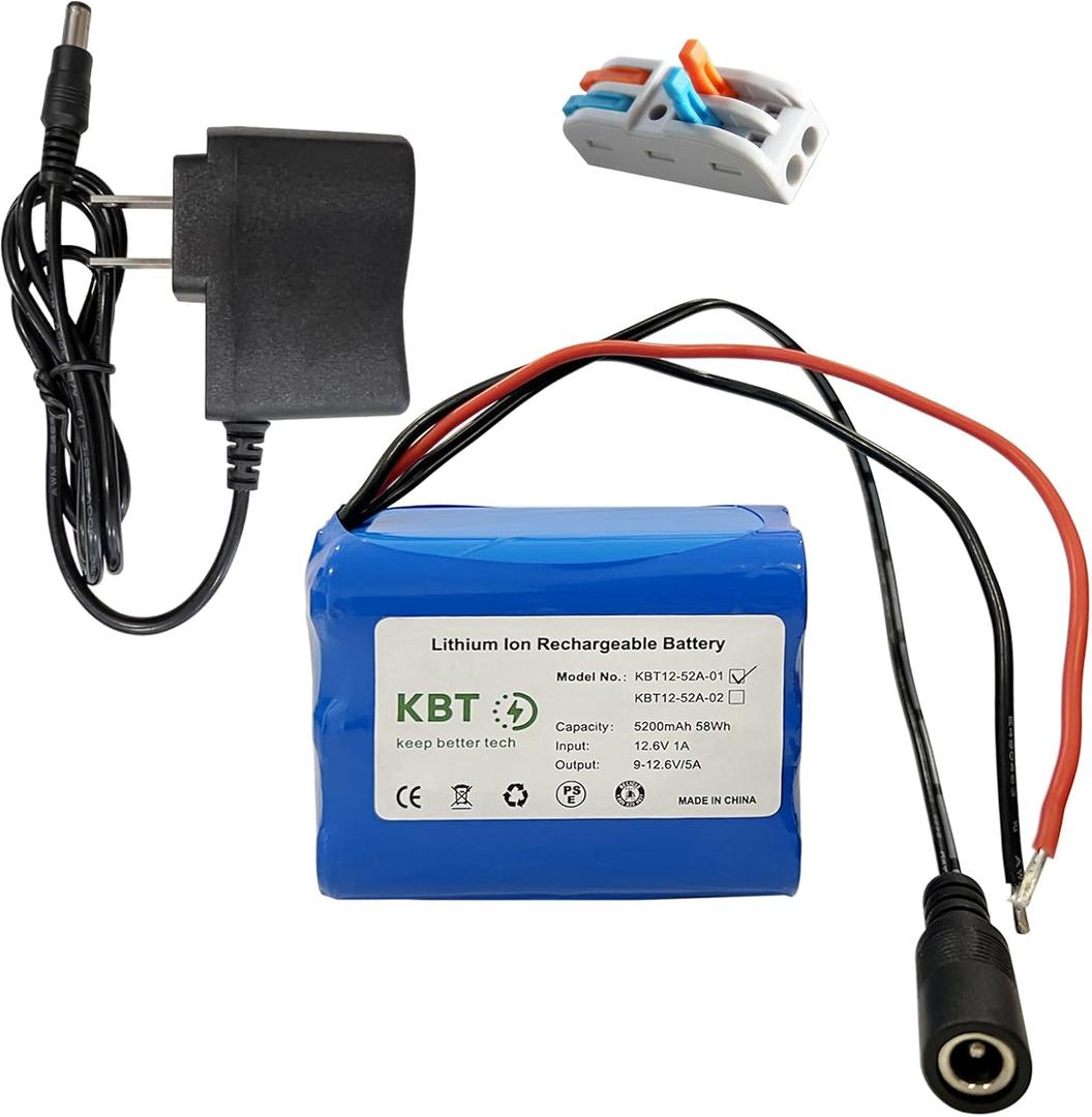 KBT 12V 5200mAh Rechargeable Li-ion Battery, Bare Leads Wire Replacement Battery Pack with Charger Compatible with 12V Devices RC Car, Boat, Robot, DIY, LED Light Strip, CCTV Camera