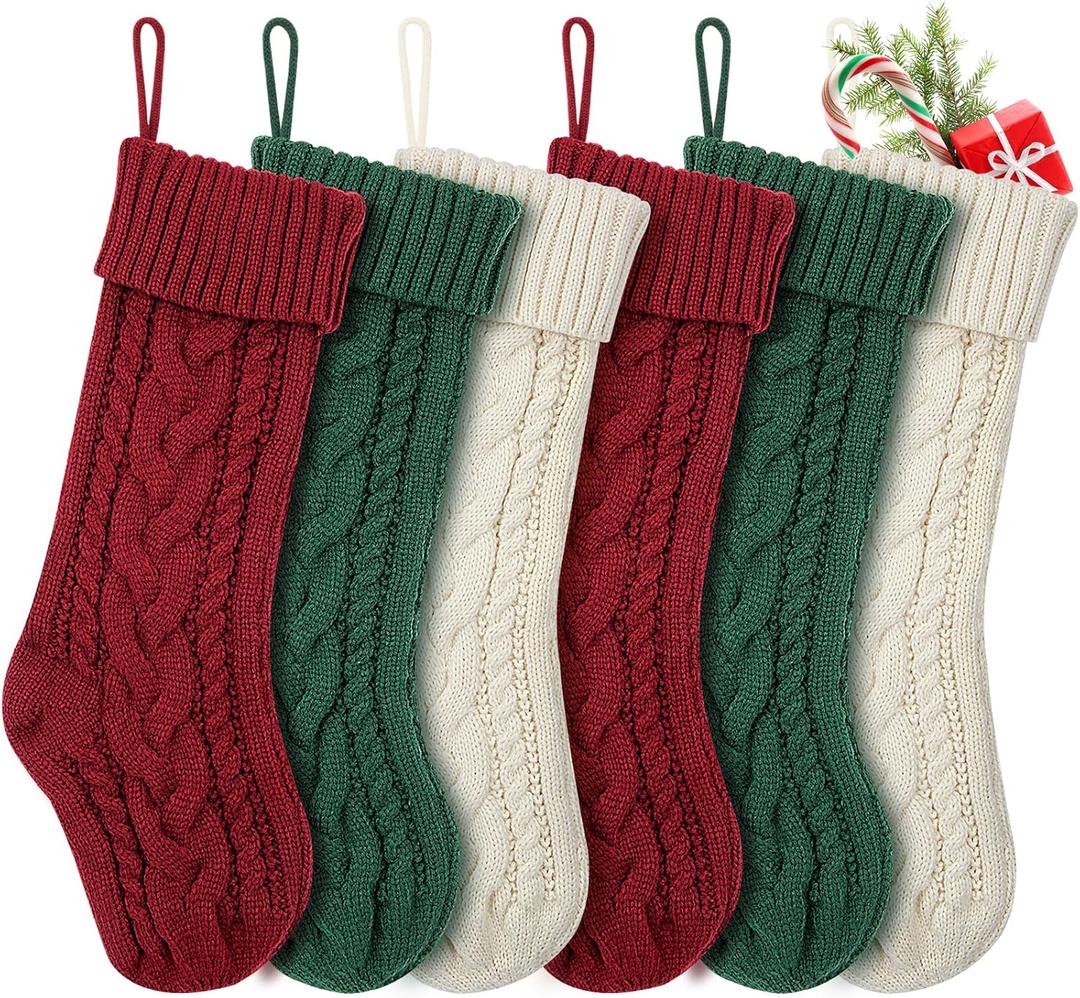 Christmas Stockings, 18 Inches Knit Christmas Stockings Xmas Hanging Stockings for Family Christmas Decorations, Burgundy, Green, Ivory