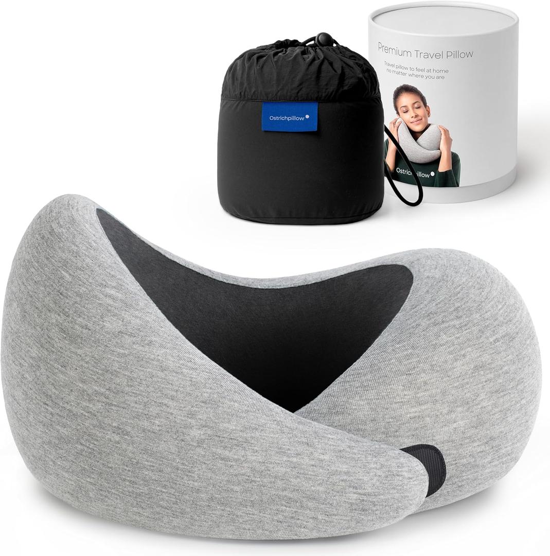 Ostrichpillow Go Neck Pillow, Travel Pillows for Airplanes, Premium Memory Foam Travel Pillow, 360 Ergonomic Design, Asymmetrical Sides, Travel Bag Included, Washable Modal Cover (Onesize, Midnight Gray)