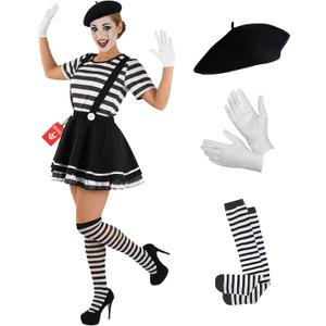 fun shack Mime Costume for Women, French Mime Costume Women, Circus Costumes Woman, French Outfit (Small)