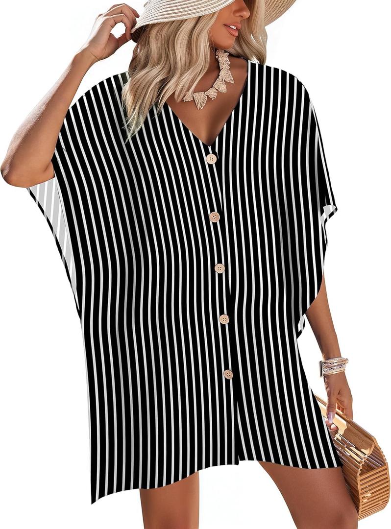 AI'MAGE Womens Swimsuit Cover Up Button Down Bathing Suit Coverups 3/4 Sleeve Beachwear Oversized Bikini Shirt Dresses S-XXL (Medium)