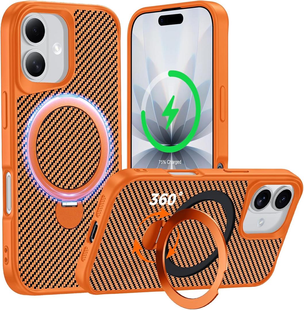 Designed for iPhone 17 Case with 360 Magnetic Stand, Carbon Fiber Phone Case [Compatible with Magsafe] [15FT Military Protection] with Stand Ring 6.3'', Cosmic Orange