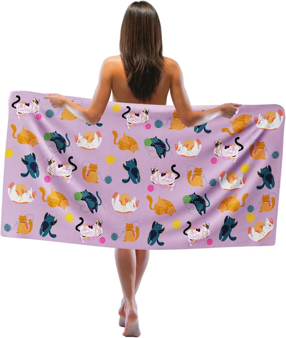 Cute Cat Beach Towel, Purple Cats Sand Beach Towels Gifts for Cat Lovers Kids Girls Women, Funny Cats Quick Dry Bath Pool Towels for Bathroom Swim Travel, Kids Bathroom Decor, 30x60 in