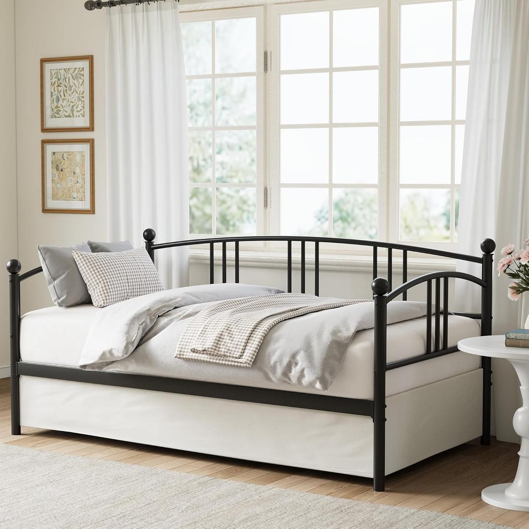 IDEALHOUSE Twin Daybed Without Trundle, Metal Twin Size Daybed, Steel Slat Support Sofa Bed for Living Room, Bedroom, Guest Room (Black-Without Trundle)