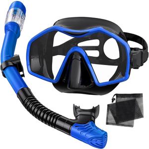Keephigher Snorkeling Gear for Adults,Dry-Top Snorkel Mask Set with Tempered Glass,Anti-Fog & Anti-Leak Panoramic Swim Mask,Adjustable Snorkel Kit with Carry Bag for Scuba Diving,Swimming,Travel (Blue)