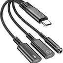 USB-C to 3.5mm Headphone and Charger Adapter, 3 in 1 Type C Aux Splitter Charger Headphone Jack Dongle Cord Compatible for iPhone 15/16/17 Pro/Max/Plus, iPad, Samsung Galaxy S23/S24 Ultra (Black)