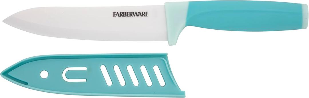 Farberware Ceramic Chef Knife with Custom-Fit Blade Cover, Razor-Sharp Kitchen Knife with Ergonomic, Soft-Grip Handle, Dishwasher-Safe, 6-inch, Aqua