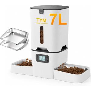 TYM Automatic Cat Feeder 2 Cats, 7L Cat Dry Food Dispenser with Double Bowls, Dual Auto Dog Feeder with Programmable Timer, Dual Power Supply, Easy to Clean for Multiple Cats and Small Dogs