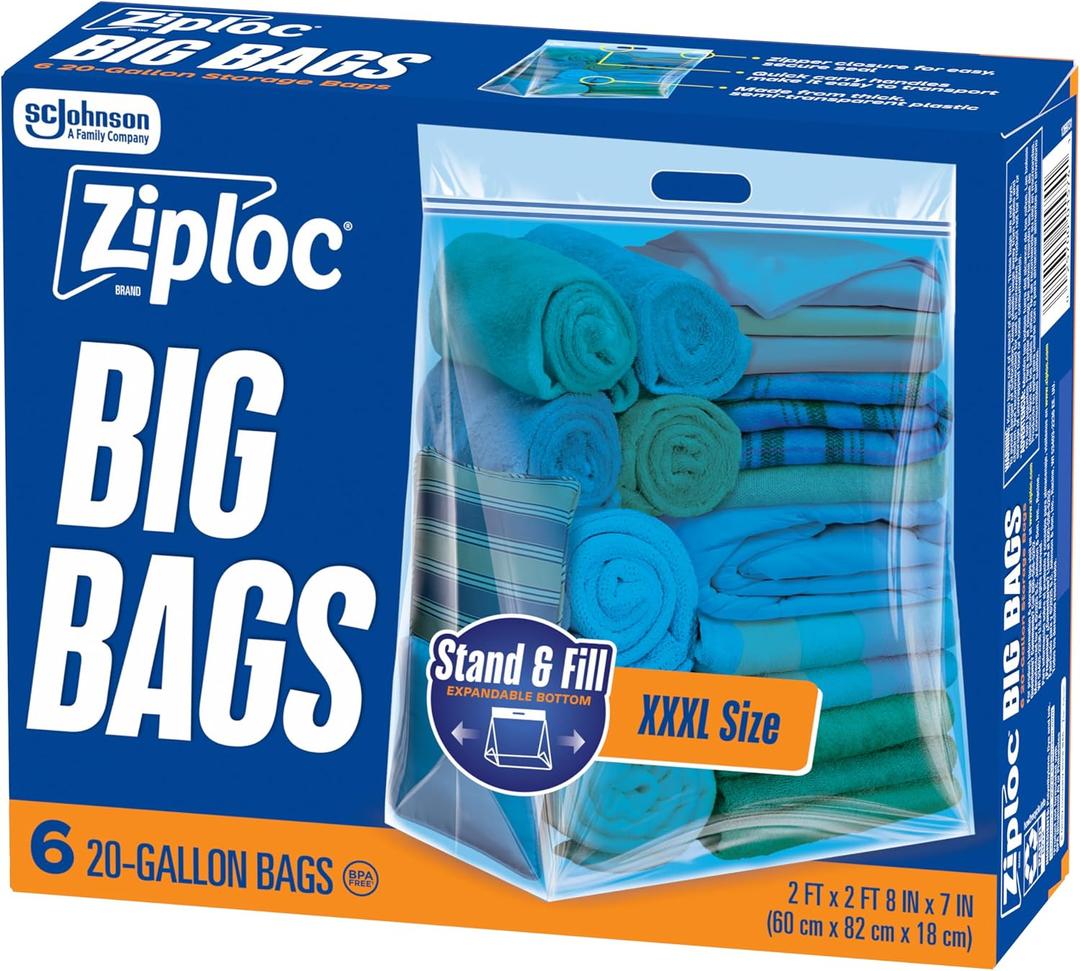 Ziploc Big Bags 20 Gallon XXXL, Reusable Large-Capacity Plastic Storage Bags, 6 count
