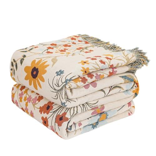 LUTBM Boho Throw Blanket for Bed Cotton Blankets Twin Size for Bedroom Living Room All Season Lightweight Floral Embroidery Reversible Quilt for Couch Sofa Chair 60"x80" Home Decor