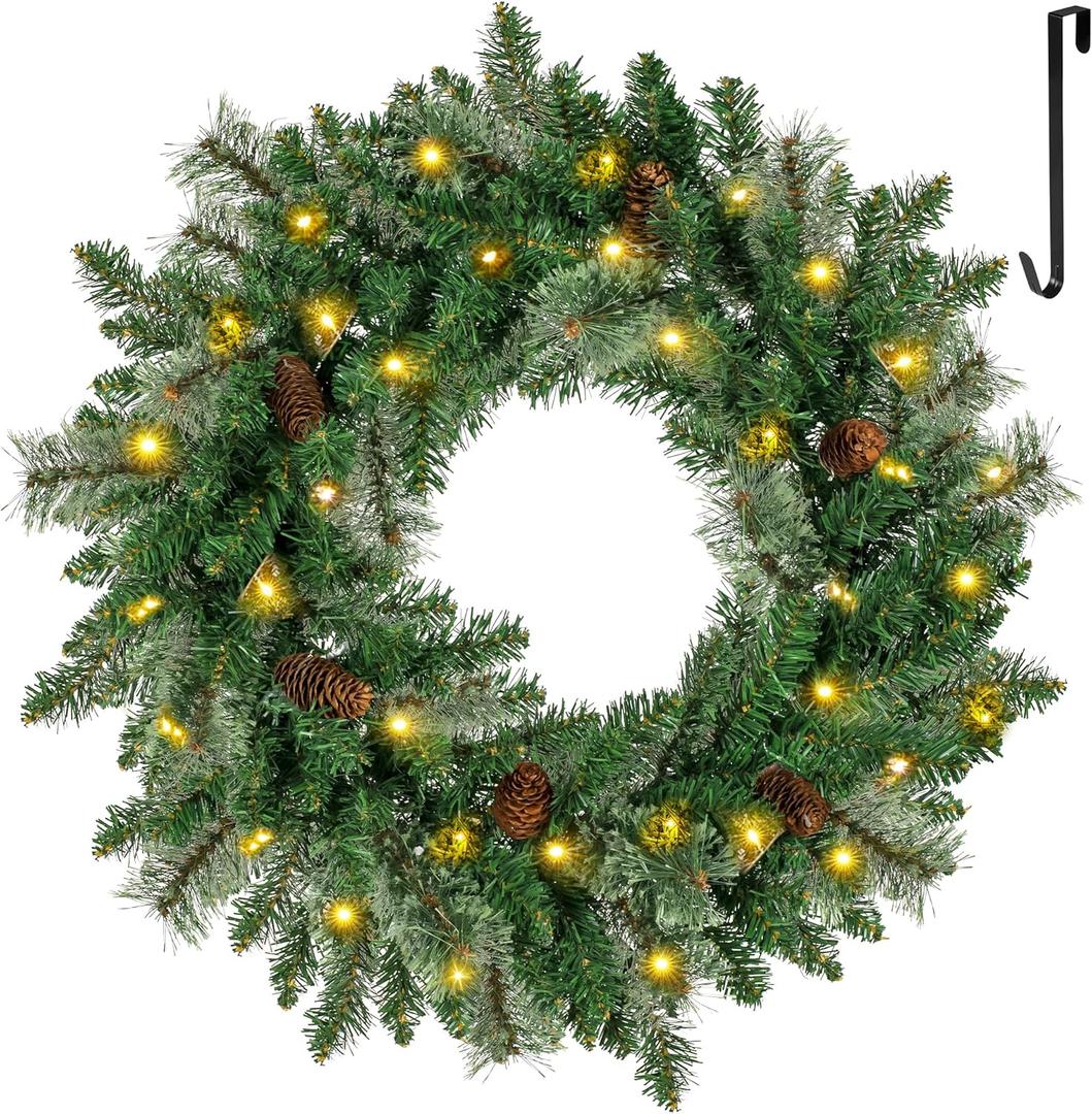 24" Pre-lit Christmas Wreath for Front Door, Timer Outdoor Wreath for Windows with Pine Needles, Pine Cones & Hanging Hooks, Battery Operated Artificial Wreath Decorations Indoors