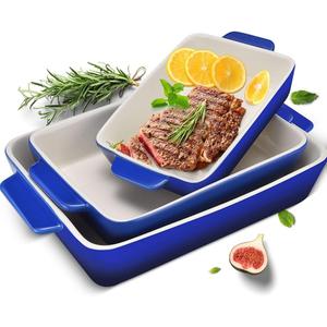 2 Piece Casserole Dish Ceramic Baking Dish Rectangular Baking Dishes for Oven Ceramic Bakeware with Handles Durable Nonstick Large Lasagna Pan for Cooking, Baking, 10'' x 7'', Gradient DarkBlue