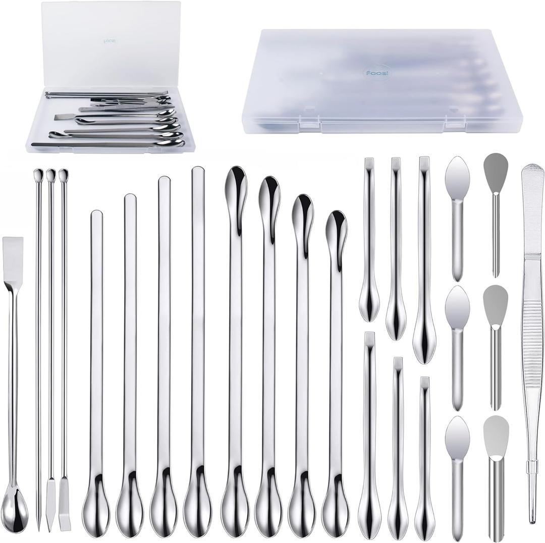25 Pcs Stainless Steel Lab Spatula Micro Scoop Set Laboratory Tiny Mixing Spatula with Tweezers Long Sampling Spoon for Powders Gel Cap Capsule Filler (25Pcs)