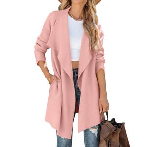 ZESICA Women's Casual Lapel Cardigan Long Sleeve Open Front Irregular Hem Soft Knitted Sweater Coat with Pockets,Pink,Large