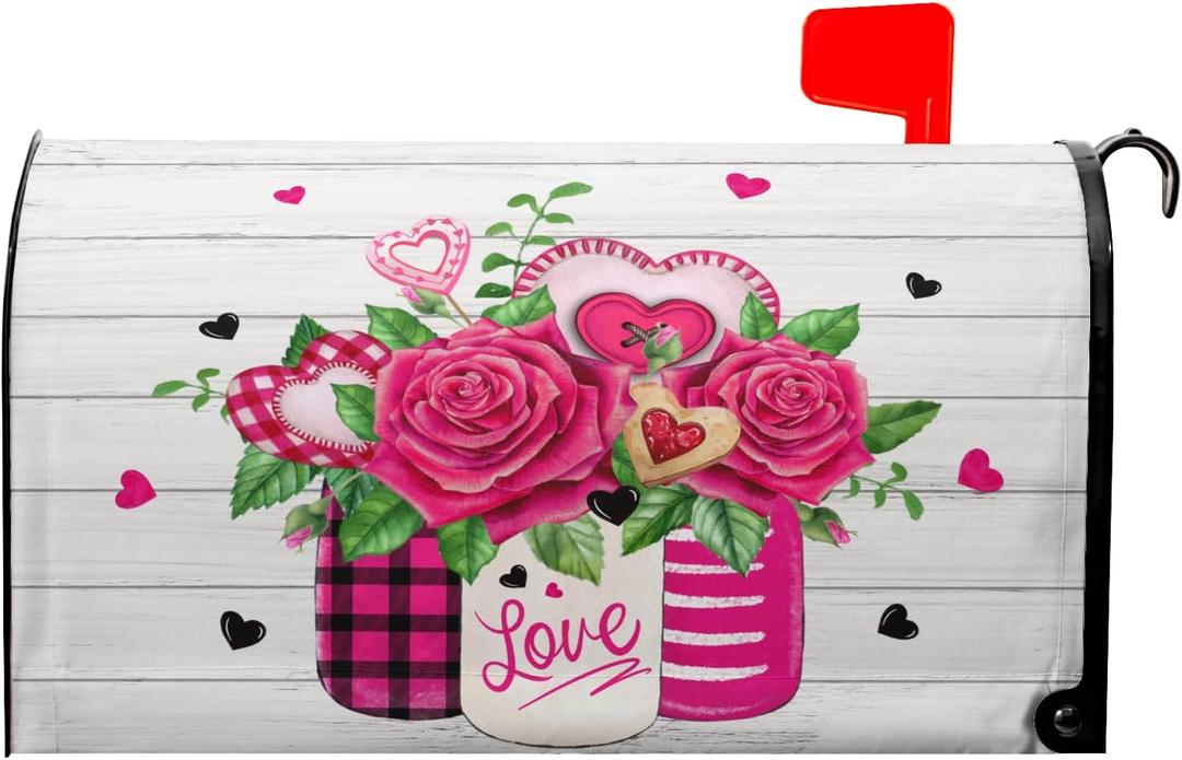 Sweetshow Valentine's Day Rose Flower Mailbox Covers Magnetic Standard Size 18" X 21",Mason Jar Pink Love Heart Mailbox Wraps Post Letter Box Cover for Anniversary Wedding Yard Decor