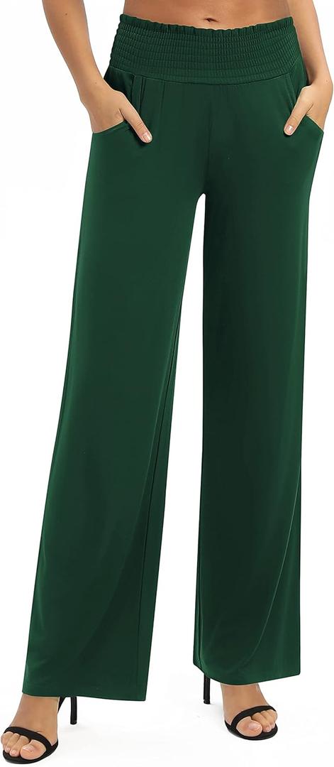 Women's Loose Straight Leg Palazzo Pants High Elastic Waist Causal Trousers with Pockets (Medium, Dark Green)