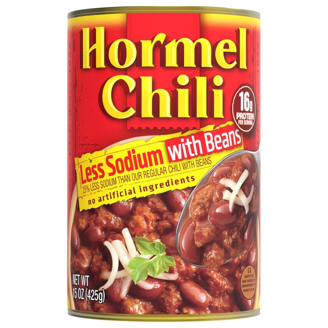HORMEL Chili With Beans, Less Sodium, (Pack of 12), 15 oz Canned Chili,  16g Protein per Serving, Gluten-Free - Great for Bowls, Dips, Hot Dogs and Appetitizers