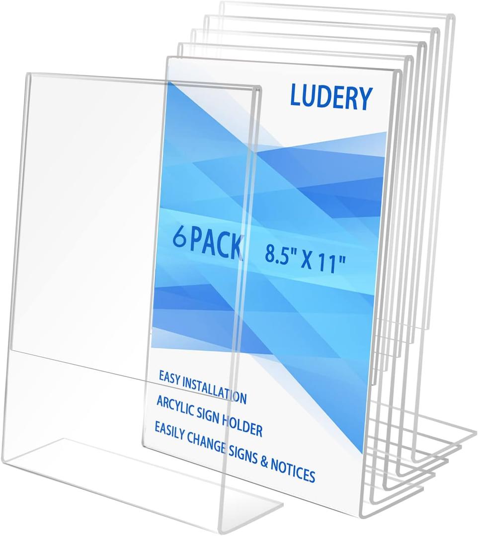 8.5 X 11 Acrylic Sign Holder Slant Back Design Plastic Display Stand Clear Table Single Sheet Portrait Ad Frames Paper Holder for Home, Office, Store, Restaraunt - 6 Pack 