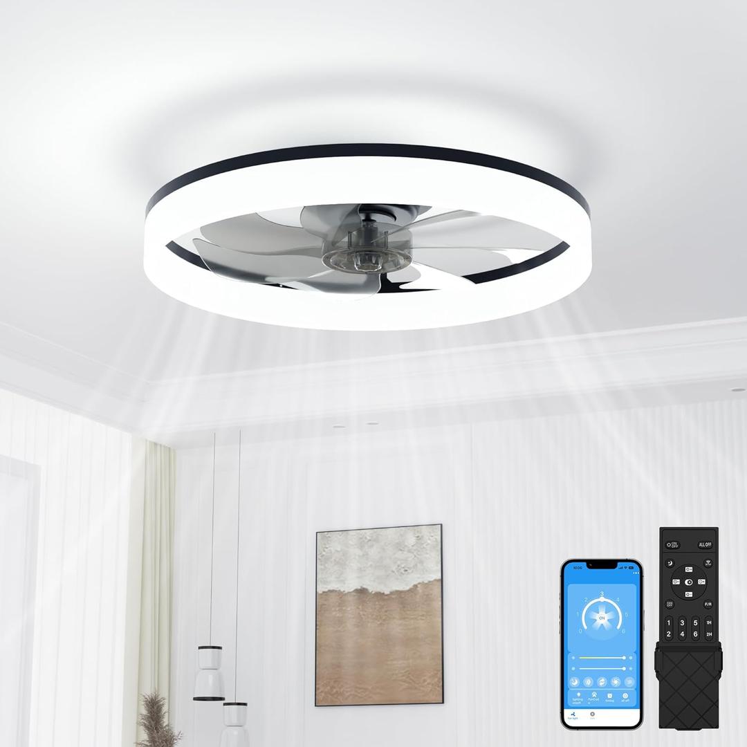 VOLISUN Low Profile Ceiling Fans with Lights and Remote, 20in Fandelier Ceiling Fan with Light, 3000K-6500K Dimmable Bladeless LED Fan Light, Black Flush Mount Ceiling Fans with Lights for Bedroom