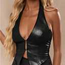 SOLY HUX Women's PU Leather Halter Tank Tops Sexy Deep V Neck Asymmetrical Vest Corset Party Clubwear (Black, L)