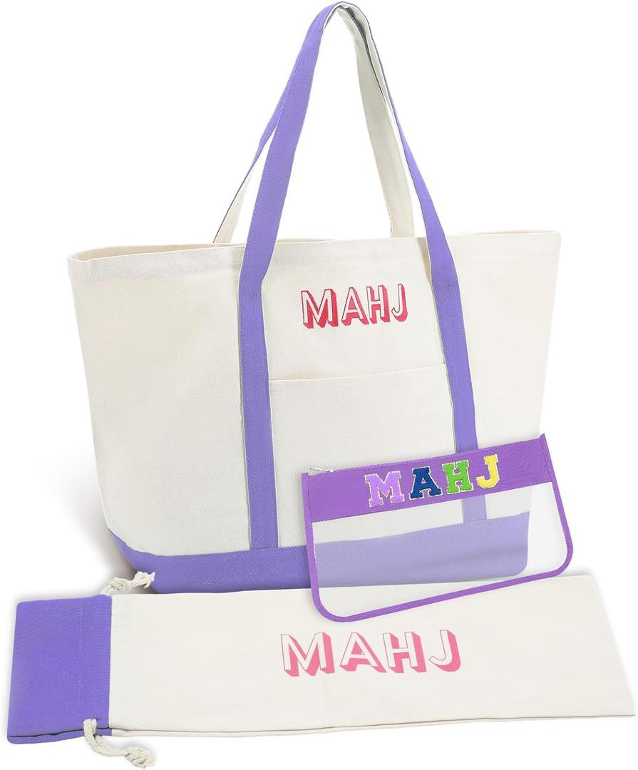 3 Pcs Empty Mahjong Canvas Bag Gift Embroidered American Mahjong Set Incl Tiles Bag and Racks & Pushers Drawstring Bags(Purple,Regular)