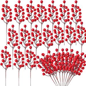30 Artificial Red Berry Stems,7.9 Inch Christmas Holly Berry Branches Red Berry Picks for Holiday Home Decor and Crafts